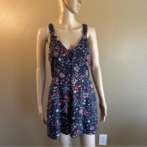 American Eagle Womens Romper Size M Blue Floral Lace Up Front Sleeveless